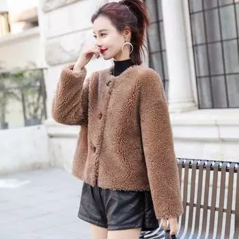 МОДА Новая весенне-осенняя меховая куртка женская короткая обтягивающая зернистая флисовая меховая искусственная овечья шерсть цвета хаки, слоновой кости, белая одежда S хаки