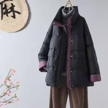 МОДА Новая женская куртка-пуховик корейской версии с воротником-стойкой, утолщенная, средней длины, теплая, свободная, подходящая по цвету, белая куртка-пуховик на утином пуху, модная S темно-коричневого