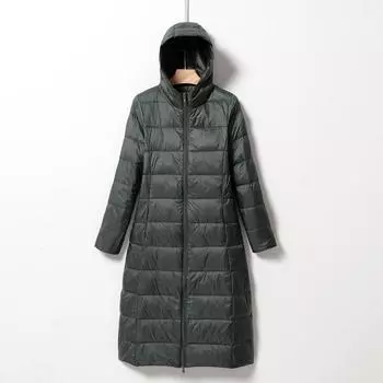 МОДА Новая женская удлиненная узкая и облегающая куртка с капюшоном, легкая модная универсальная куртка до колена из белого утиного пуха, одежда M