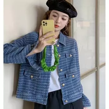 МОДА новинка 2024 года корейская версия летней городской темпераментной женской джинсовой куртки с воротником ПОЛО свободная S джинсовый синий