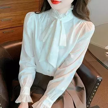 Мода новинка 2024 года осень длинный рукав бант шнуровка оборчатый воротник повседневная абрикосовый шифон блузка рубашка женские топы блузки рубашки J494 S абрикосовый