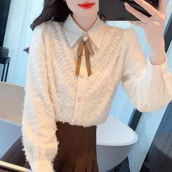 Мода новинка 2024 года осень длинный рукав бант отложной воротник офисная женская кружевная блузка рубашка женские топы блузки рубашки J455 S абрикосовый