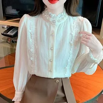 Мода новинка 2024 года осень длинный рукав кружево бисер стойка воротник повседневная шифоновая блузка рубашка женские топы блузки рубашки J501 S абрикосовый