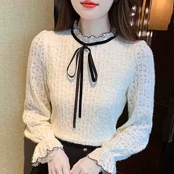 Мода новинка 2024 года осень зима длинный рукав шнуровка оборчатый воротник абрикосовый бархат кружевная блузка рубашка женские топы блузки рубашки J760 S абрикосовый