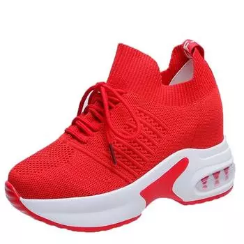 мода новинка весна лето вязание мода кроссовки женские скрытые каблуки повседневная обувь женские дышащие кроссовки на платформе танкетка белые туфли 34 чёрный