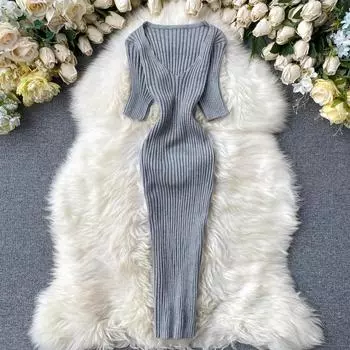 МОДА Новое летнее трикотажное сексуальное короткое платье для женщин с V-образным вырезом и коротким рукавом, эластичная талия, облегающее платье-сарафан для женщин, пляжное мини-платье One Size серый