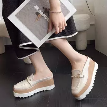 Мода Новое поступление Модный бренд Дизайн Ящерица Крокодил Металлическая цепь Мюли Сандалии Женские туфли на танкетке и платформе Обувь Zapatos Para Mujer 35 бежевый