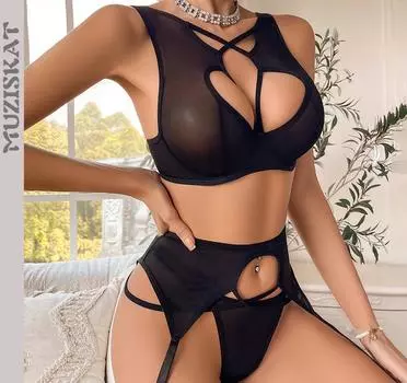 мода Новое женское сетчатое прозрачное сексуальное перекрещивающееся белье со стальным кольцом, собранное в эротический комплект из трех предметов Onlyfans S