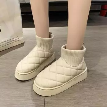 Мода Новые 2024 Северо-Восточные зимние ботинки женские интегрированные меховые подкладки зимние теплые хлопковые ботинки без застежек на толстой подошве короткие ботинки 36 бежевый