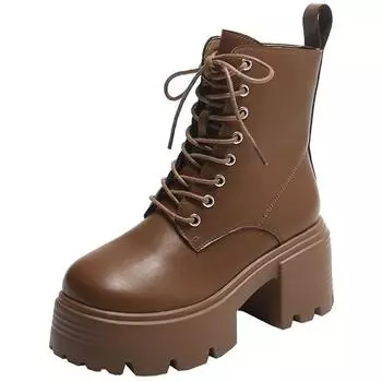 Мода Новые 2024 Женские Осенние Ботильоны Кроссовки На Увеличенной Платформе Молнии Женские Кожаные Ботинки 8 СМ Высокие Каблуки Зимние Мотоциклетные Ботинки 34 коричневый