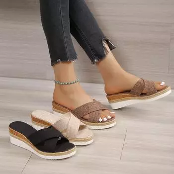 мода Новые босоножки на танкетке из пеньковой ткани Босоножки на платформе Летняя обувь на танкетке для женщин Летняя обувь Тапочки 35 бежевый