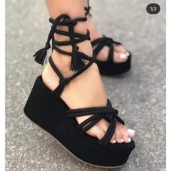 мода Новые босоножки на танкетке с ремешками на платформе женские модные с круглым носком с открытым носком женские босоножки на платформе с завязками Zapatos De Mujer 36 чёрный
