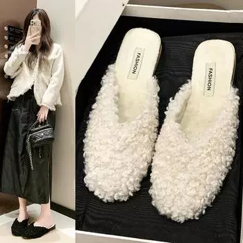 Мода Новые брендовые женские полутапочки из натурального меха и конского волоса Роскошные дизайнерские брендовые туфли на плоской подошве Повседневная обувь 35 бежевый