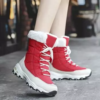 Мода Новые Качественные Водонепроницаемые Зимние Женские Сапоги Сохраняют Тепло До Середины Икры Зимние Сапоги Женские Шнуровка Удобные Короткие Сапоги Кроссовки Для Отдыха На Природе 35 бежевый