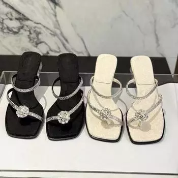 Мода Новые китайские интернет-знаменитости Шлепанцы с толстым каблуком и каблуком средней высоты для женщин 2024 года Шлепанцы с дрель-носком 35 чёрный