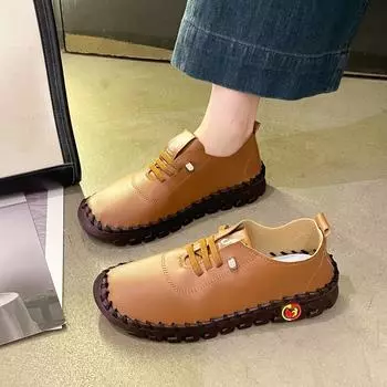 Мода Новые Кроссовки Женские Кожаные Лоферы Женские Удобные Туфли Слипоны Ручной Шитье Нитки Мамочки Обувь Zapatillas De Mujer 35 чёрный