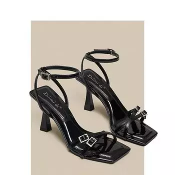 мода Новые летние модные туфли с открытым носком Pure Color 2024 женские туфли на высоком каблуке нескользящие сексуальные женские сандалии тонкие каблуки квадратный носок женская обувь 35 чёрный