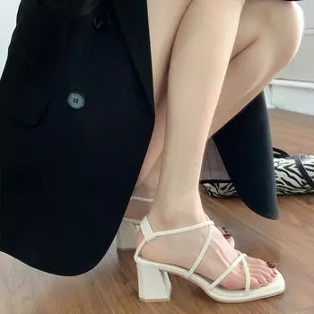 мода Новые летние модные туфли с открытым носком Pure Color 2024 женские туфли на высоком каблуке нескользящие сексуальные женские сандалии тонкие каблуки квадратный носок женская обувь 35 чёрный