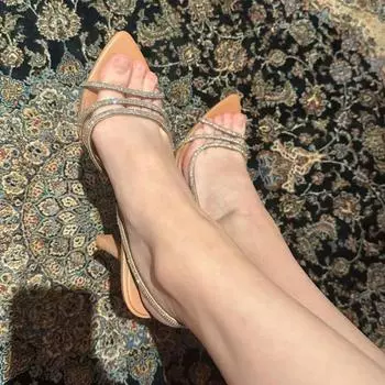 мода Новые летние женские босоножки с кристаллами Модные элегантные прозрачные туфли на высоком каблуке Женские босоножки для вечеринок на открытом воздухе 36 хаки