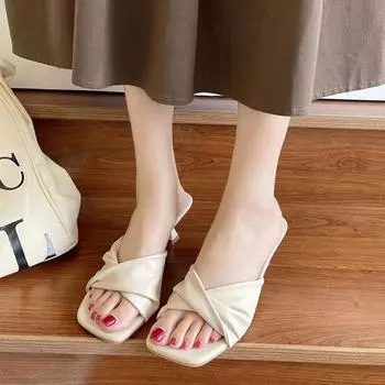 мода Новые летние женские модные простые тапочки Dew Feet на высоком каблуке однотонные удобные повседневные тапочки женские модные тапочки 35 бежевый