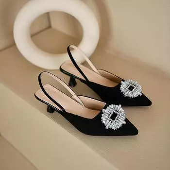 мода Новые летние женские сандалии Новые женские туфли Острый носок Неглубокие телесные розовые туфли с бриллиантами Низкий каблук Туфли с ремешками сзади Женские 35 чёрный