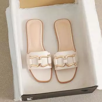 мода Новые летние женские тапочки из кожи с квадратным носком женские плоские шлепанцы дизайнерские женские шлепанцы сандалии женская обувь роскошные сандалии 35 бежевый