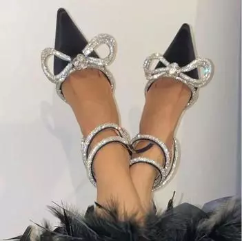 мода Новые модные босоножки на тонком каблуке со стразами, женские милые остроносые босоножки с кристаллами и розовым бантом и бриллиантами на высоком каблуке 2024 35