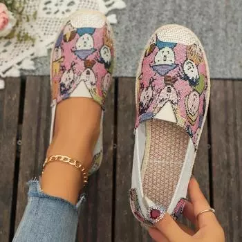 мода Новые модные туфли на плоской подошве с круглым носком 2024 года, легкие дышащие мокасины из мультяшной ткани, повседневная и удобная женская обувь 36 синий