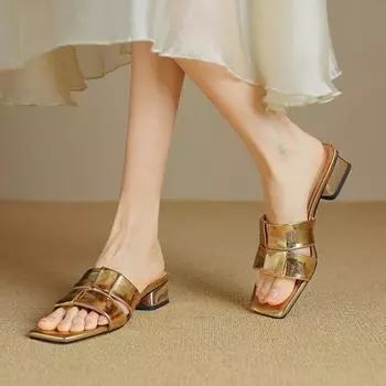 Мода Новые модные женские босоножки из натуральной кожи из коровьей кожи на толстом каблуке без застежек, большой размер 35-42, повседневный стиль, ручная работа 35 золотой