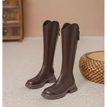Мода Новые Осень Зима Молния Сзади 2024 Высокое Качество Модные Женские Сапоги До Колена Однотонные Женские Туфли Botines De Mujer 35 чёрный