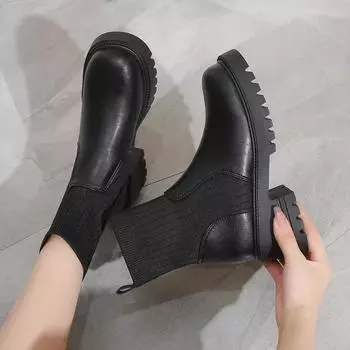 мода Новые осенне-зимние модные женские ботинки челси женские ботинки из искусственной кожи на высоком каблуке туфли на платформе женские вязаные сексуальные ботильоны 35 чёрный