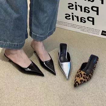 мода Новые остроносые мюли Модные женские тапочки с леопардовым принтом Повседневная женская обувь Женские туфли на низком каблуке Элегантные женские туфли для отдыха на открытом воздухе 35 чёрный