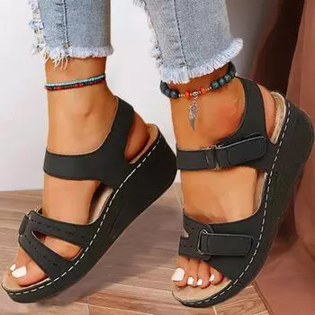 мода Новые открытые летние женские сандалии Модные женские сандалии на платформе Пляжные женские сандалии с пряжкой на танкетке Женская обувь Женские ортопедические сандалии 35 коричневый
