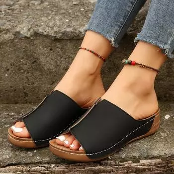 мода Новые открытые женские босоножки на танкетке Белые летние модные дышащие удобные босоножки Женская пряжка Женская обувь Женская обувь 36 чёрный