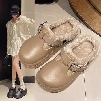 Мода Новые Роскошные Зимние Женские Туфли Плюшевые Модные Ретро Туфли Хлопковые Женские Плоские Тапочки Толстые Подошвы Женские Сапоги 36 бежевый