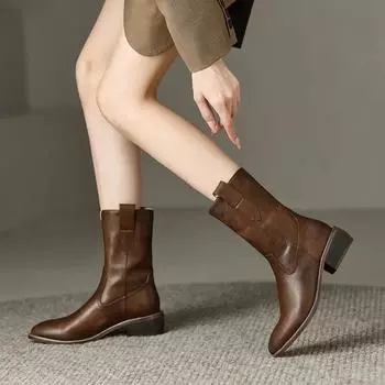 мода Новые сапоги средней длины женские осенние модные женские черные челси Botas Mujer с острым носком и V-образным вырезом в стиле вестерн рыцарские сапоги обувь 35 чёрный