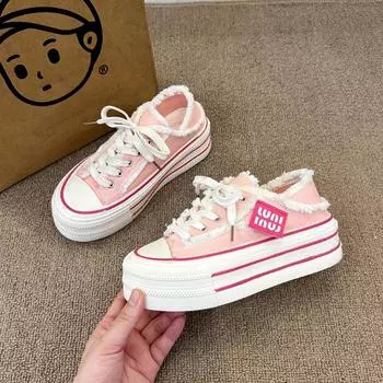 мода новые шнурованные плоские туфли на платформе дышащий холст белые туфли толстые подошвы Ins модные женские туфли 35 бежевый