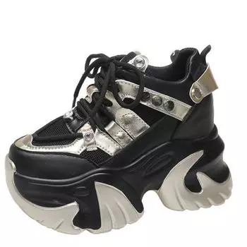 Мода Новые танкетки Повседневные толстые туфли на высокой платформе Женские весенние дышащие сетчатые кроссовки 10 см Скрытые увеличивающие спортивные туфли для пап 34 чёрный