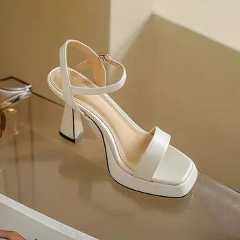 мода новые толстые подошвы женские туфли 2024 лето одна линия мода высокие каблуки толстые каблуки водонепроницаемые платформы сандалии высокие каблуки женщины 34 чёрный