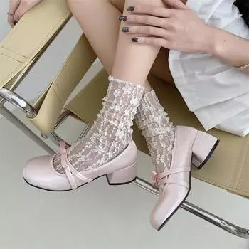 мода Новые туфли Мэри Джейн Женские туфли на высоком каблуке Туфли-лодочки Женские туфли с квадратным каблуком и бабочкой Женские туфли на толстом каблуке Zapatos Mujer 35 небесно-голубой