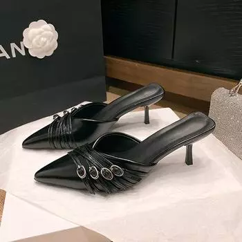 мода Новые туфли на каблуках туфли-лодочки для женщин 2024 роскошная женская обувь мода пряжка острый нос каблук женские мюли слайды сандалии 35 чёрный