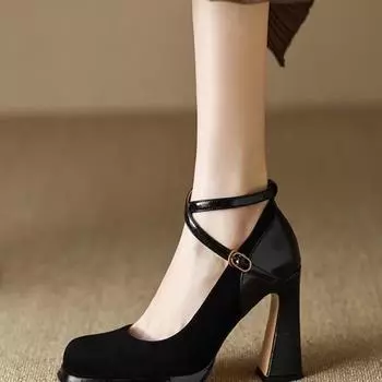 мода Новые винтажные туфли на высоком каблуке Spuare Toe с массивной платформой, туфли-лодочки Crossover Strappy Single Shoes Mary Jane Buckle Thick Heeled Shoes 34 чёрный