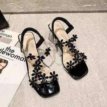 Мода Новые женские босоножки с квадратным носком на высоком каблуке для женщин Туфли на платформе с открытой пяткой Туфли для улицы с квадратным каблуком и обхватом щиколотки 35 чёрный