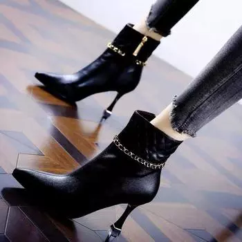 мода Новые женские ботинки Ботильоны из искусственной кожи Молния Женские ботинки Высокие каблуки Осенние зимние ботинки Женская обувь Белый Черный 34 чёрный