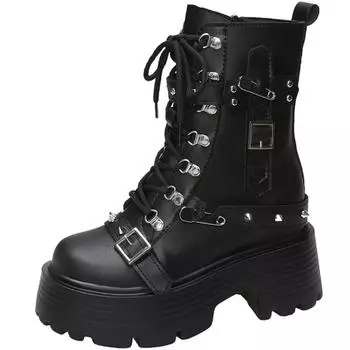 Мода Новые женские кожаные панк-сапоги на высокой платформе, массивные кроссовки, осенние ботинки на танкетке 9 см, сапоги до середины голени, женские зимние мотоциклетные сапоги 34 чёрный