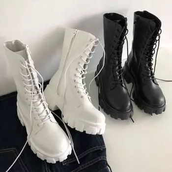 мода Новые женские сапоги средней длины на платформе 2025 зимняя мода ботильоны на шнуровке плоские спортивные каблуки челси снежные ботинки женская обувь 35 чёрный