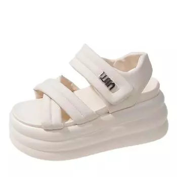 Мода Новые женские толстые сандалии кожаные кроссовки на высокой платформе дышащие повседневные тапочки обувь женские каблуки 9 см кроссовки на танкетке 34 бежевый