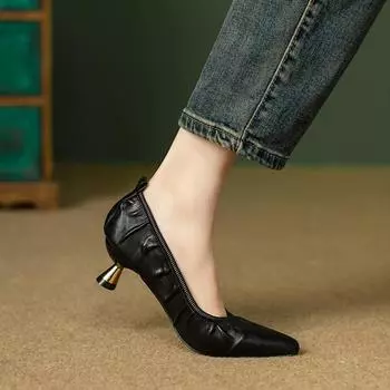 мода Новые женские туфли-лодочки Эластичные туфли-лодочки Острый нос Базовые туфли-лодочки Высокие каблуки Лаконичные туфли без застежек Осень Zapatos Mujer 34 бежевый