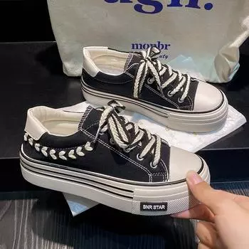 Мода Новые женские туфли на платформе из парусины, увеличивающие рост, толстые кроссовки для девушек, уличные кроссовки, женская обувь на толстой подошве 35 чёрный