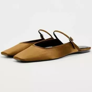 Мода Новые женские туфли на плоской подошве 2024 года с квадратным носком и пряжкой на ремне, дышащие мюли из сатина для отдыха, туфли на каблуке, шикарная дизайнерская обувь для женщин 36 бежевый